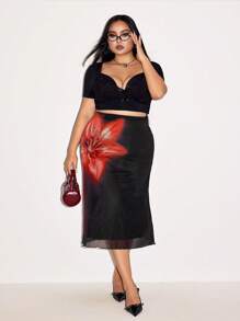 SHEIN ICON 大码花卉印花网眼美人鱼裙，红色 - 黑色 - 查看 2