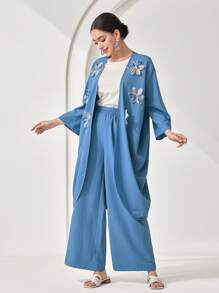 Veilorie 2pcs Women Set: Floral Decor Long Sleeve Jacket And Pants