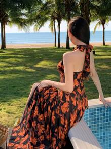 DAZY Ditsy Floral Full Pattern Vacation Style Beach Halter Open Back V-Neck Drawstring Tie Waist High Slit Midi Dress For Women Summer Cruise Women Outfits - Red - View 10