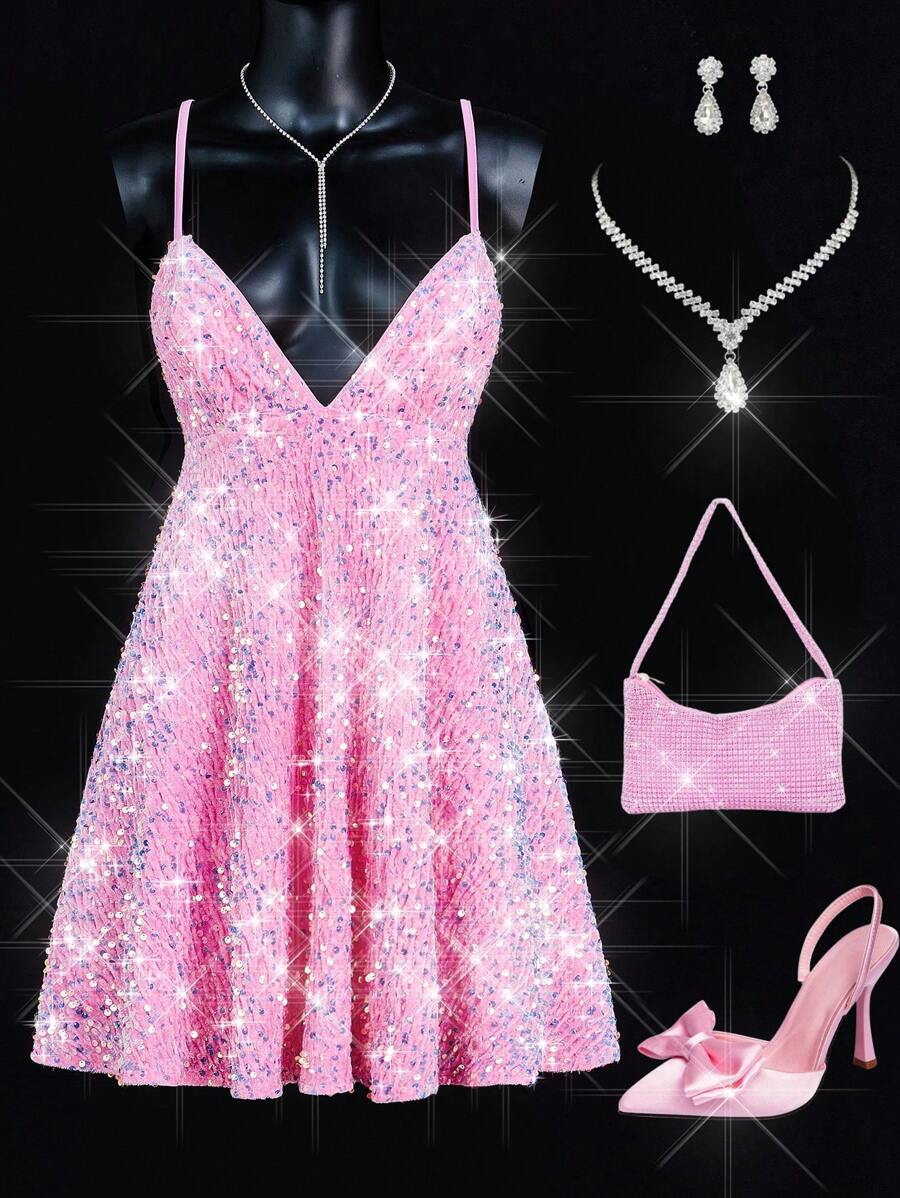 SHEIN ICON 时尚性感露背亮片吊带裙情人节春季女装夏季演唱会服装女装复活节圣帕特里克节服装