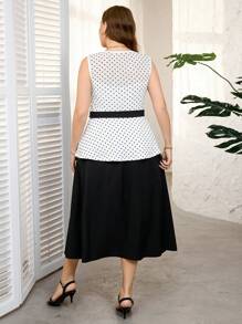SHEIN Clasi Conjunto de 2 piezas de mujer talla grande para el Día de San Valentín, con parte superior elegante sin mangas con estampado de lunar en contraste de color y falda larga de gasa - Blanco y Negro - Ver 2