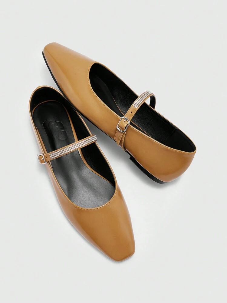 CUCCOO BIZCHIC Camel Oily Leather PU Square Toe Fashionable Rhinestone Strap Flat Shoes
