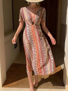DAZY Midi-Kleid mit Blumenmuster und V-Ausschnitt für Frauen, Outfit für Kreuzfahrten, Boho-Urlaubsoutfit für Frauen - Rot - Übersicht 1