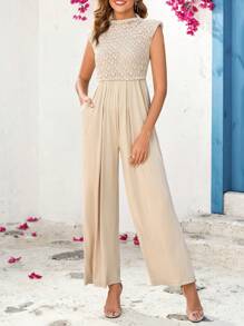 SHEIN Clasi Clasi Women Casual Pleated Wide Leg Jumpsuit, Sleeveless Slim Fit Romper, Elegant Streetwear For Spring & Summer