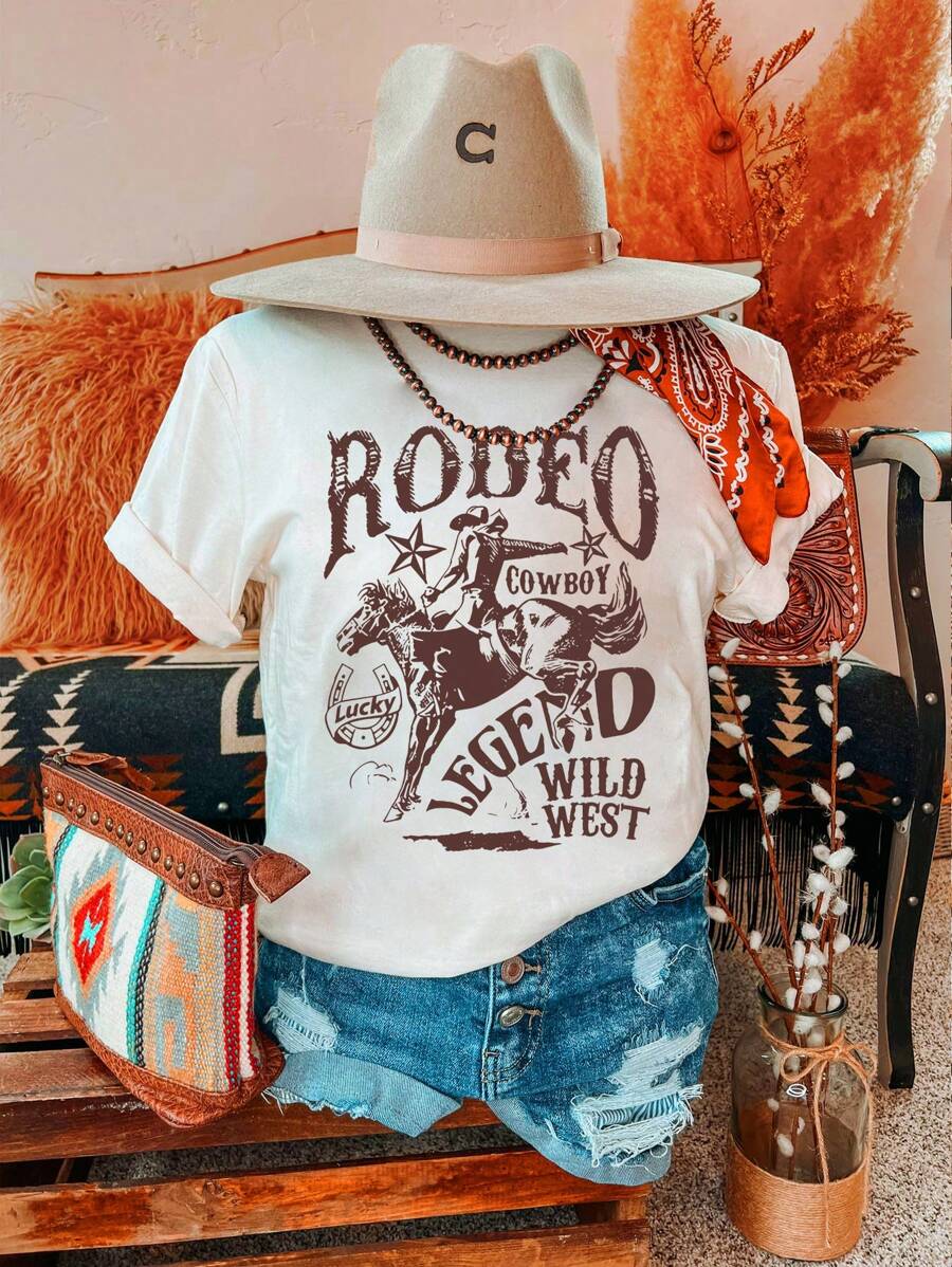 EMERY ROSE Plus Summer Western Style Cartoon Print Pattern Round Neck T-Shirt, Lucky Horseshoe, Printed With "Rodeo" Text And Image Combination T-Shirt, Cultural Music Festival Suitable T-Shirt - White - View 1
