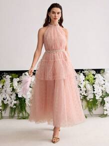 MOTF PREMIUM WOMEN'S EMBELLISHED MESH FLOWY GATHERED LONG DRESS, WEDDING DRESS - Baby Pink - View 3