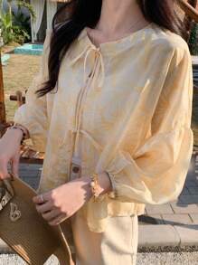 FRIFUL 女式黄色碎花休闲和服波西米亚风外套上衣，春夏 - 黃色 - 查看 6