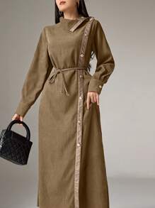 Heiryn 女士纯色阿拉伯风格休闲日常连衣裙 - 卡其色 - 查看 5