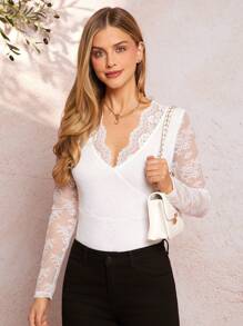 SHEIN Clasi Women's Elegant Floral Lace Sexy Knitted Ruffle Collar V-Neck Slim Fit Long Sleeve Regular Sweater Top