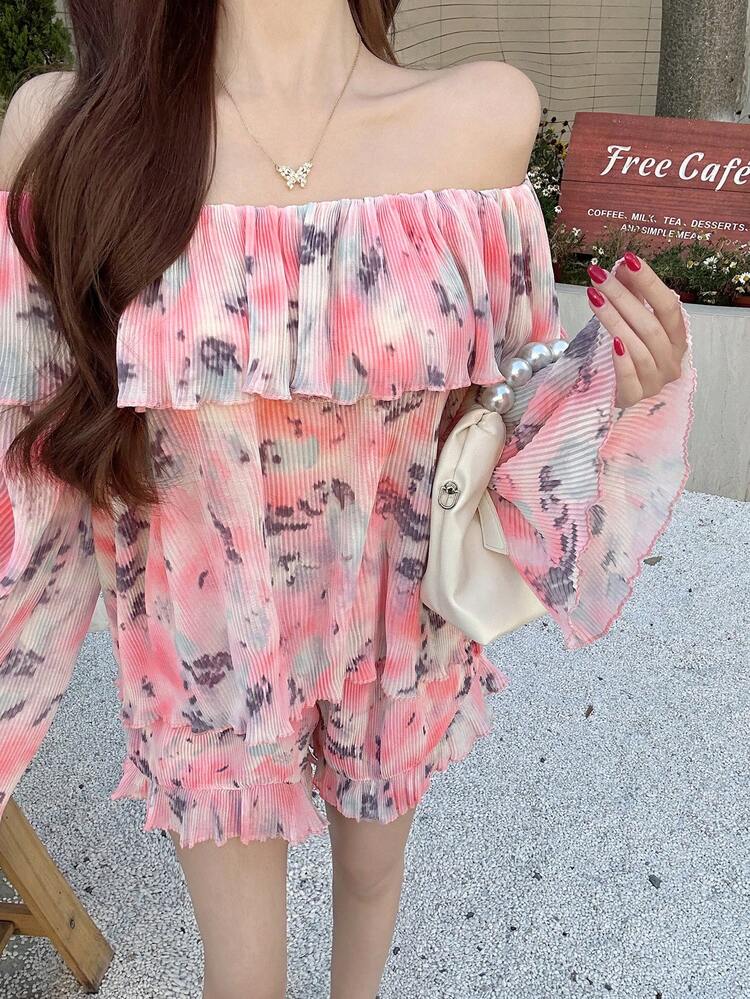 2pcs/Set Women Tie-Dye Allover Print Chiffon Off Shoulder Ruffle Top And Shorts Set Floral,Fall Women Clothes Vacation Cruise Outfit For Women Boho