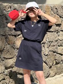 Dazy Kids 2pcs/Set Tween Girls Butterfly Print Drop Shoulder Short Sleeve Top And Mini Skirt Set - Navy Blue - View 7