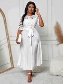 Fleurora Vestido informal de talla grande para vacaciones con unicolor, empalmado con encaje, cintura imperio, bajo plisado para verano, ropa y vestidos de mujer para otoño - Blanco - Ver 6