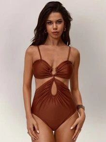 Forever 21 Women's Solid Color Ruched Cut-Out One-Piece Swimsuit For Vacation, For Summer Beach - Brown - View 4