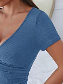 SHEIN Essnce Women's Side Drawstring Short Sleeve Solid Color Knit T-Shirt - Blue - View 5