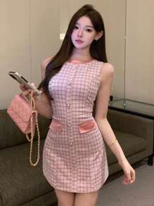 DAZY Plaid Fitted Sleeveless Bodycon Mini Dress Suitable For Date Night, Wedding