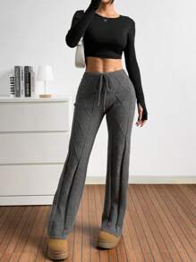 SHEIN EZwear Pantalones de punto casuales de unicolor y estilo sencillo, atuendo de uso diario para mujer