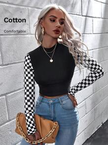 SHEIN Essnce Camiseta a cuadros de cuello alto - Negro - Ver 7