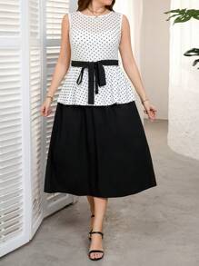 SHEIN Clasi Conjunto de 2 piezas de mujer talla grande para el Día de San Valentín, con parte superior elegante sin mangas con estampado de lunar en contraste de color y falda larga de gasa - Blanco y Negro - Ver 3