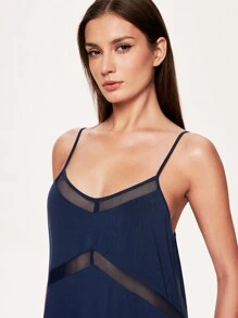 LUVLETTE Dark Blue Sexy Soft Breathable Mesh V-Neck Breathable Mesh Detail Camisole Nightdress Lingerie As Outerwear Airy Slip Dress Babydoll& Pyjamadressing - Navy Blue - View 3