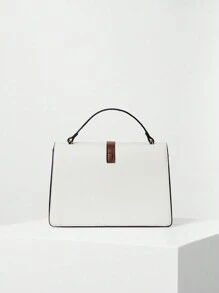 女士腰带装饰翻盖手提包斜挎包，撞色圣诞冬季圣诞礼物 - 咖啡棕 - 查看 7