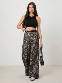 SHEIN Tall Y2K 复古街头时尚枯树迷彩印花女式阔腿裤（配腰带） - 軍綠色 - 查看 3