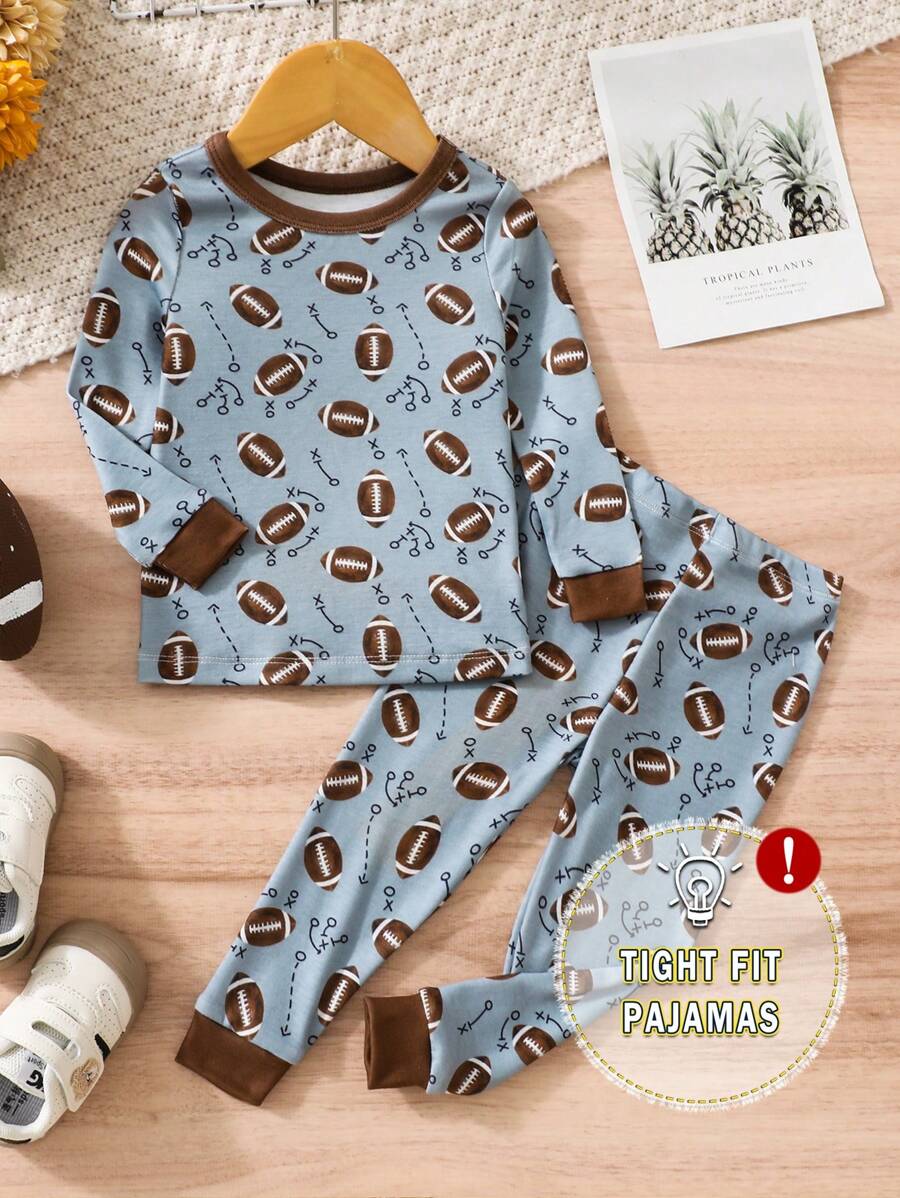 2 件装男婴足球全身印花长袖上衣和紧身裤贴身睡衣套装 - 彩色 - 查看 1