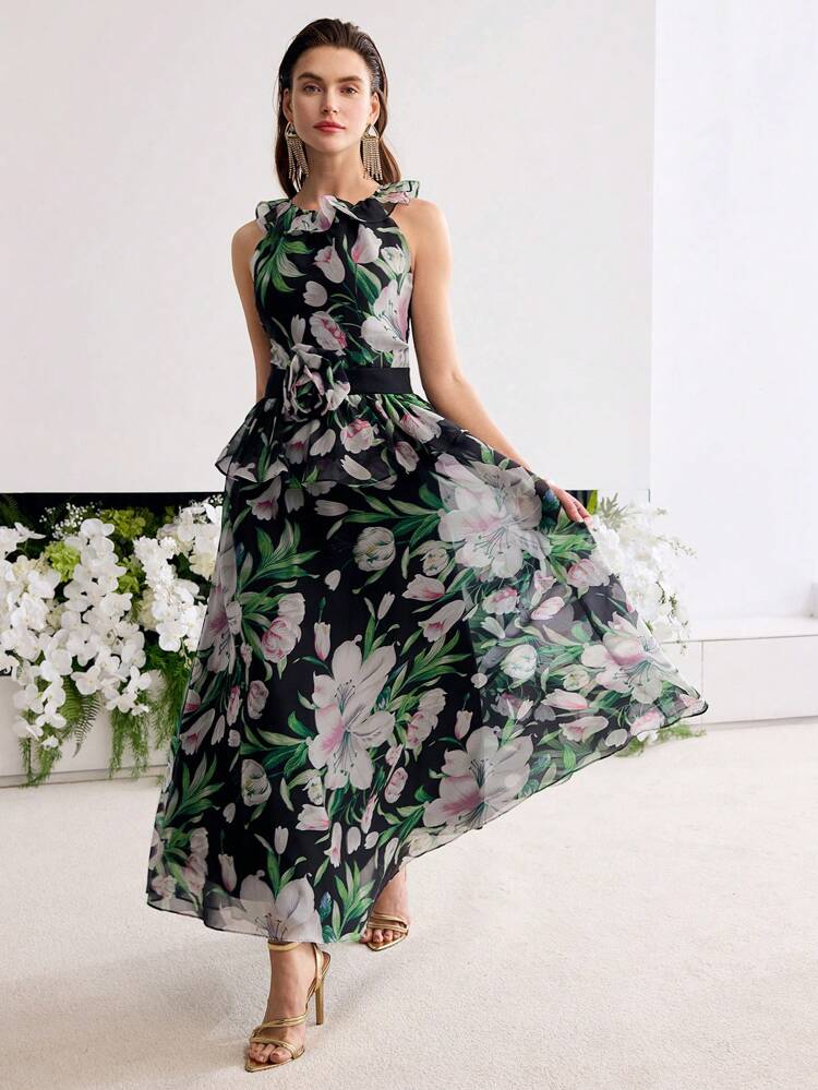 FLORAL PRINT RUFFLE TRIM DRESS