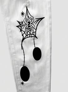 帅气男孩破洞个性印花街头休闲通勤百搭搞怪风黑牛牛仔裤 - 白色 - 查看 6