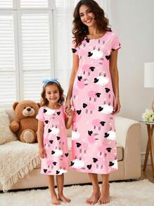 女士绵羊星月印花针织睡袍，粉色圆领短袖长裙家居服 - 粉色 - 查看 3