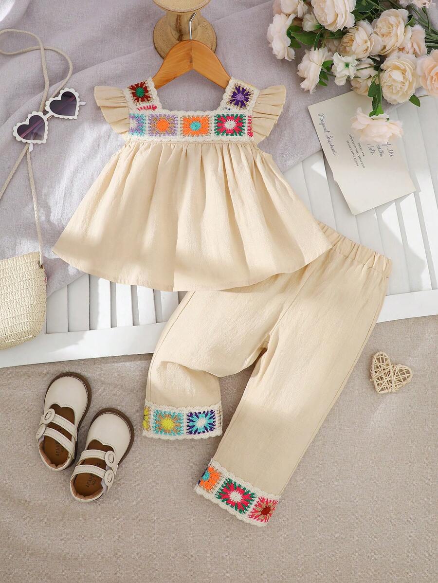 2 Stücke/Set Baby Mädchen Frühling & Sommer Urlaubsstil Volant Dekor ärmelloses Top & Blumen Stickerei Dekor Hose