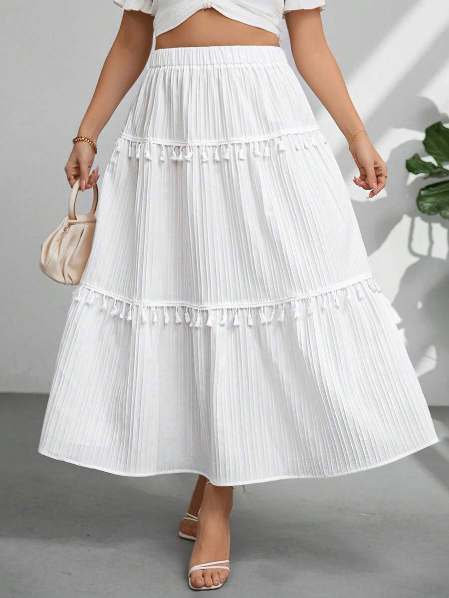 SHEIN Privé Plus Size White Maxi Skirt: Bohemian Tassel Trimmed Long Summer Skirt For Women - White - View 1