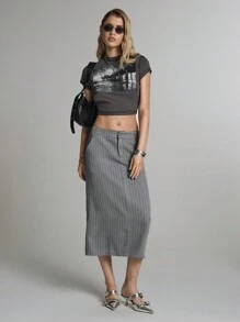Easelle Falda recta de mujer con rayas tejidas en gris, casual y de moda para uso diario