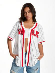 SHEIN Unity Spring New Vintage Street Style Women Red Text & Striped Loose Casual Baseball Jacket Short Sleeve - White - View 1