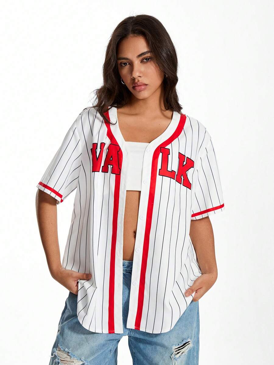 SHEIN Unity Spring New Vintage Street Style Women Red Text & Striped Loose Casual Baseball Jacket Short Sleeve - White - View 1