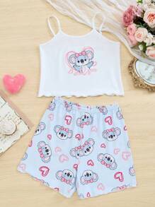 Set de 2 piezas Pijama con estampado de coala y corazón lindo para niñas, a juego madre-hija