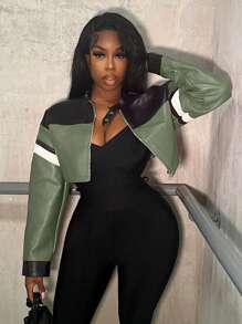 Slaydiva Autumn And Winter Casual Street Motorcycle Style Round Neck Long-Sleeved Off-Shoulder Ultra-Cut Black And Red PU Women's Jacket-E - Green - View 6