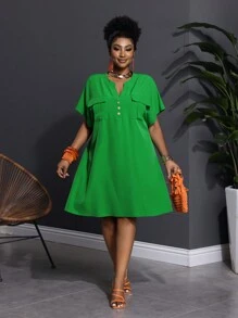 Slaydiva 2025 New Elegant Casual/Business Casual Women Shirt Dress With Pockets, V-Neck Loose Short Sleeve Mini Relaxed Dress - A