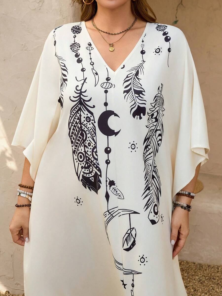 SHEIN LUNE Plus Size Moon & Feather Retro Printed Dress Cowgirl Summer Outfits For Women Graduation Spring Women Summer Clothes Graduation Easter Outfit Women Spring Summer Clothes Vacation Bohemia Easter Outfit Women - Apricot - View 1