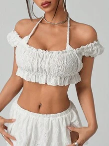 SHEIN ICON 女士白色夏季褶皱荷叶边挂脖短袖短款上衣 - 白色 - 查看 1