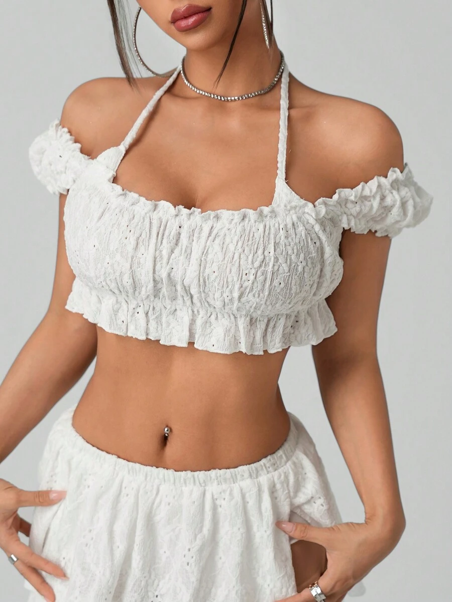 SHEIN ICON 女士白色夏季褶皱荷叶边挂脖短袖短款上衣 - 白色 - 查看 1