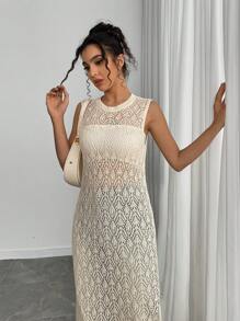 Chiquease Women's Crochet Knit Dress, Sleeveless Sheer Cover Up Dress, Beach Dress, Summer Dress - Beige - View 5
