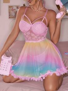 2pcs Set: Lace Patchwork Ruffle Hem Printed Mesh Sexy Nightgown + G-String, Suitable For Music Festivals - Multicolor - View 5