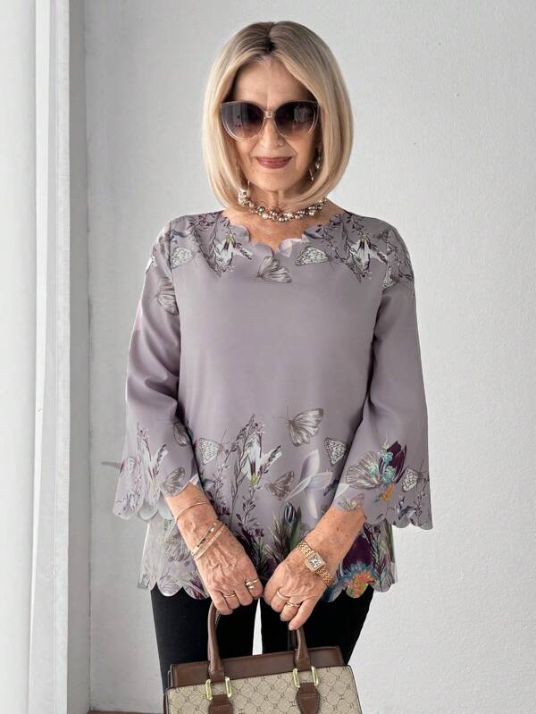 Miaspire Cămașă cu mânecă lungă cu imprimeu cu model poziționat cu guler din dantelă elegantă