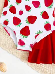 SHEIN 1 件女婴可爱草莓印花连体泳衣（含裙摆）