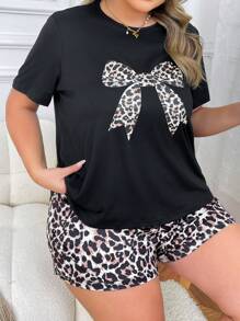 Plus Size Leopard Bow Print Crew Neck Short Sleeve Top & Shorts Pajama Set, Outfits - Black - View 6