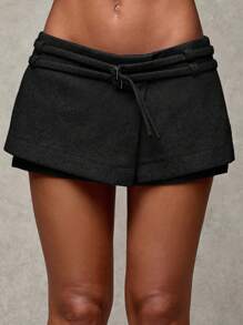 SHEIN BAE Women's Autumn And Winter Warm Brushed Tweed Solid Color Buckle Decorated Short Casual Skirt Autumn Women's Winter Skirt Business Casual Women's Autumn Women's Winter Skirt , Suitable For Back To School Season Street Fashion Sophisticated Style Office/Mini Skirt/Night Out/Party Women Skirts,Holiday Skirts,Thanksgiving Women - Black - View 3