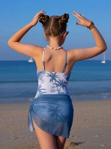 2pcs/Set Tween Girl Swimwear, Random Print, Solid Coconut Tree Pattern, Light Blue Elegant Style, Unique Pattern And Contrast Color Design, New Spring/Summer Collection, Suitable For Beach And Holiday Wear, Can Be Matched With Chiffon Skirt - Multicolor - View 3