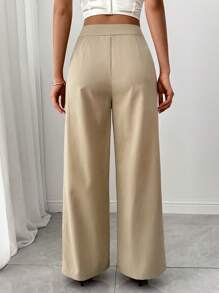 SHEIN Unity Women's Solid Color Casual Elegant Style Crepe Fabric Pleat Bowknot Straight Leg Pants - Brown - View 2