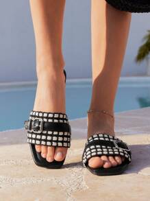 Styleloop New Plus Size Luxury Non-Slip Square Toe Pearl Decor Sandals, Fashion Versatile Women Beach And Holiday Slippers - Black - View 7