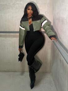 Slaydiva Autumn And Winter Casual Street Motorcycle Style Round Neck Long-Sleeved Off-Shoulder Ultra-Cut Black And Red PU Women's Jacket-E - Green - View 3